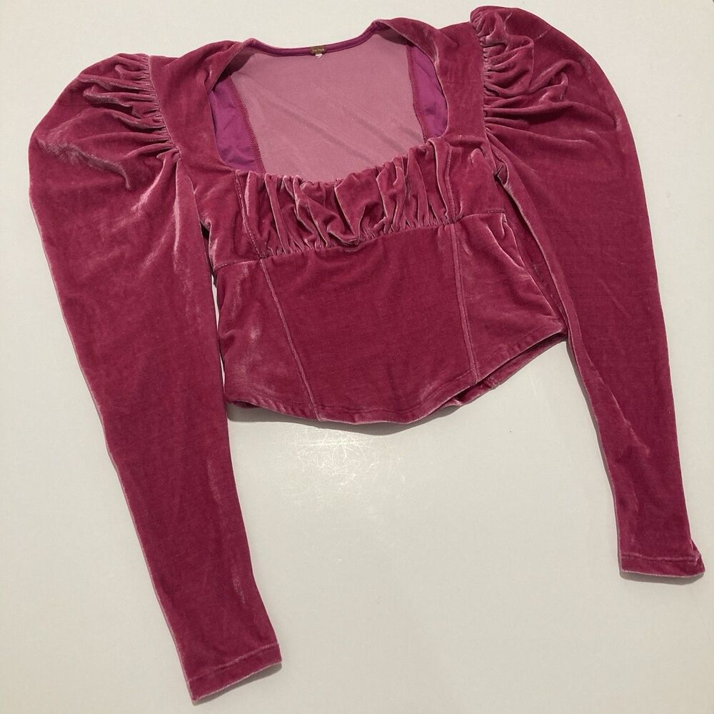 Free People Hold Me Puff Sleeve Smocked Pink Velvet Top Renaissance Milkmaid XS